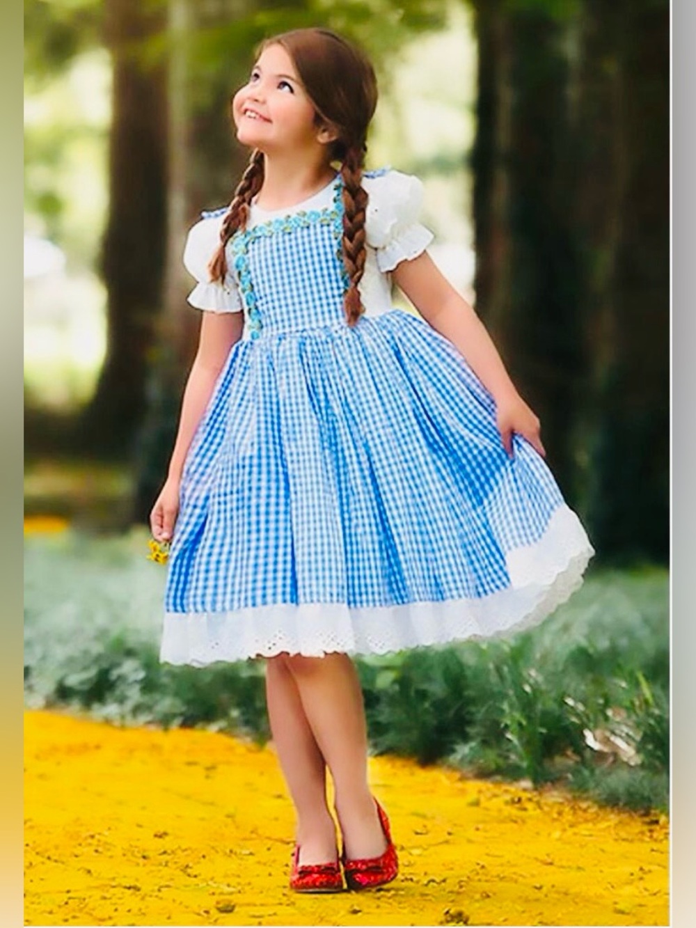 TRISH SKULLY Child Blue Gingham Kids Costume Dress with White eyelit trim; Size7